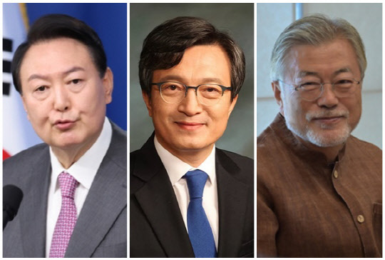 (왼쪽부터) 윤석열 대통령, 김의겸 더불어민주당 의원, 문재인 전 대통령. <민주당·김의겸 의원실 제공, 연합뉴스>